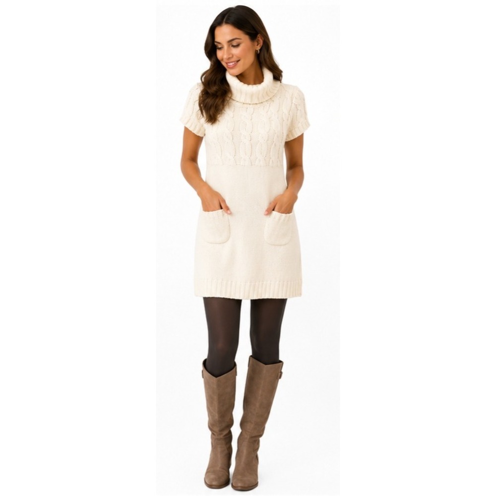 TWENTY ONE Cream Cable Knit Sweater Dress Womens Small Cowl Neck Short Sleeve